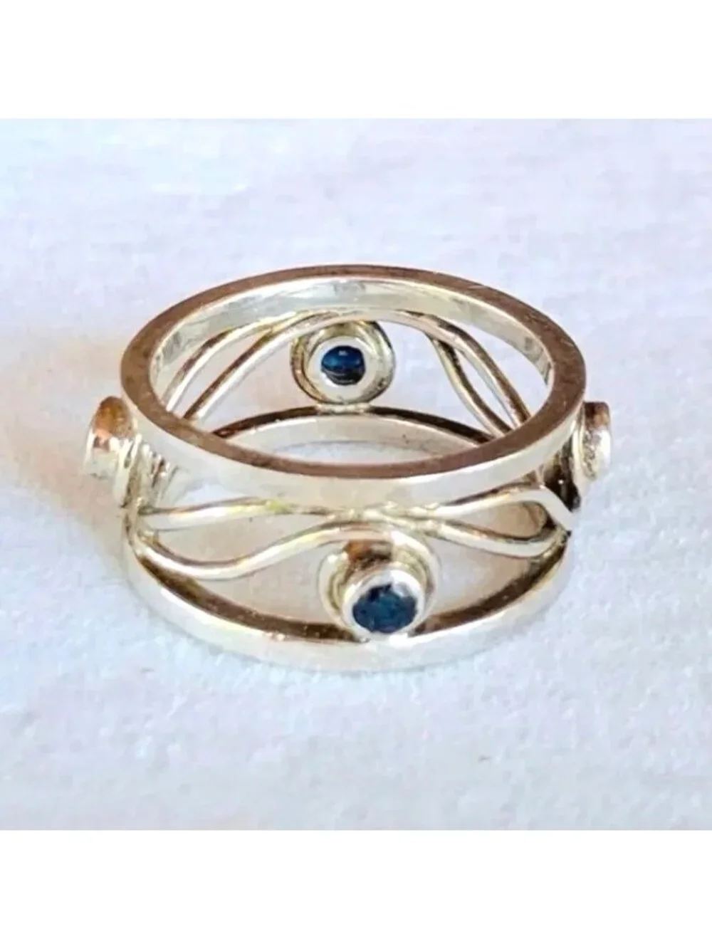 Pierced Scroll Design Sterling Silver 925 Sapphire Band Ring Size 10